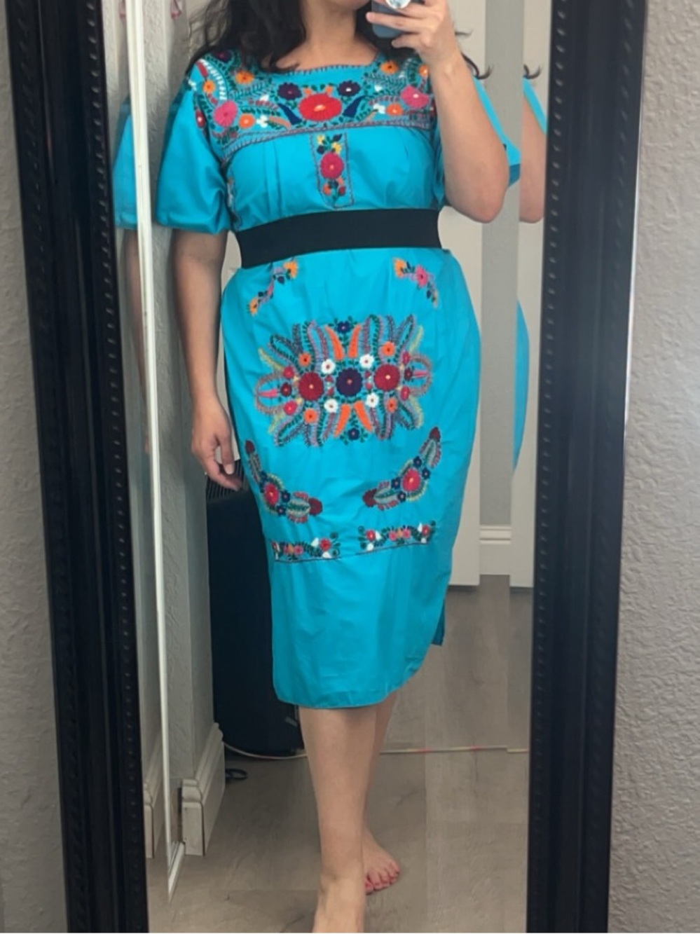 Vintage Turquoise Embroidered Mexican Dress with Floral Motif
